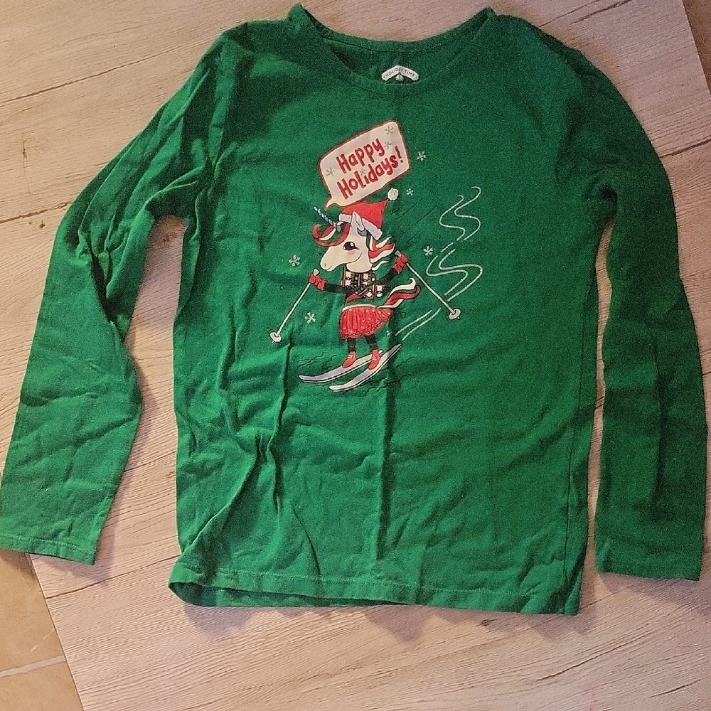Holiday Time Kids' Green Long Sleeve Tee with Skiing Dog
